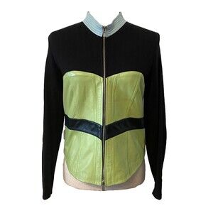 ONE GIRL WHO Anthropologie Leather Moto Jacket Sweater Women's M Elbow Patchwork